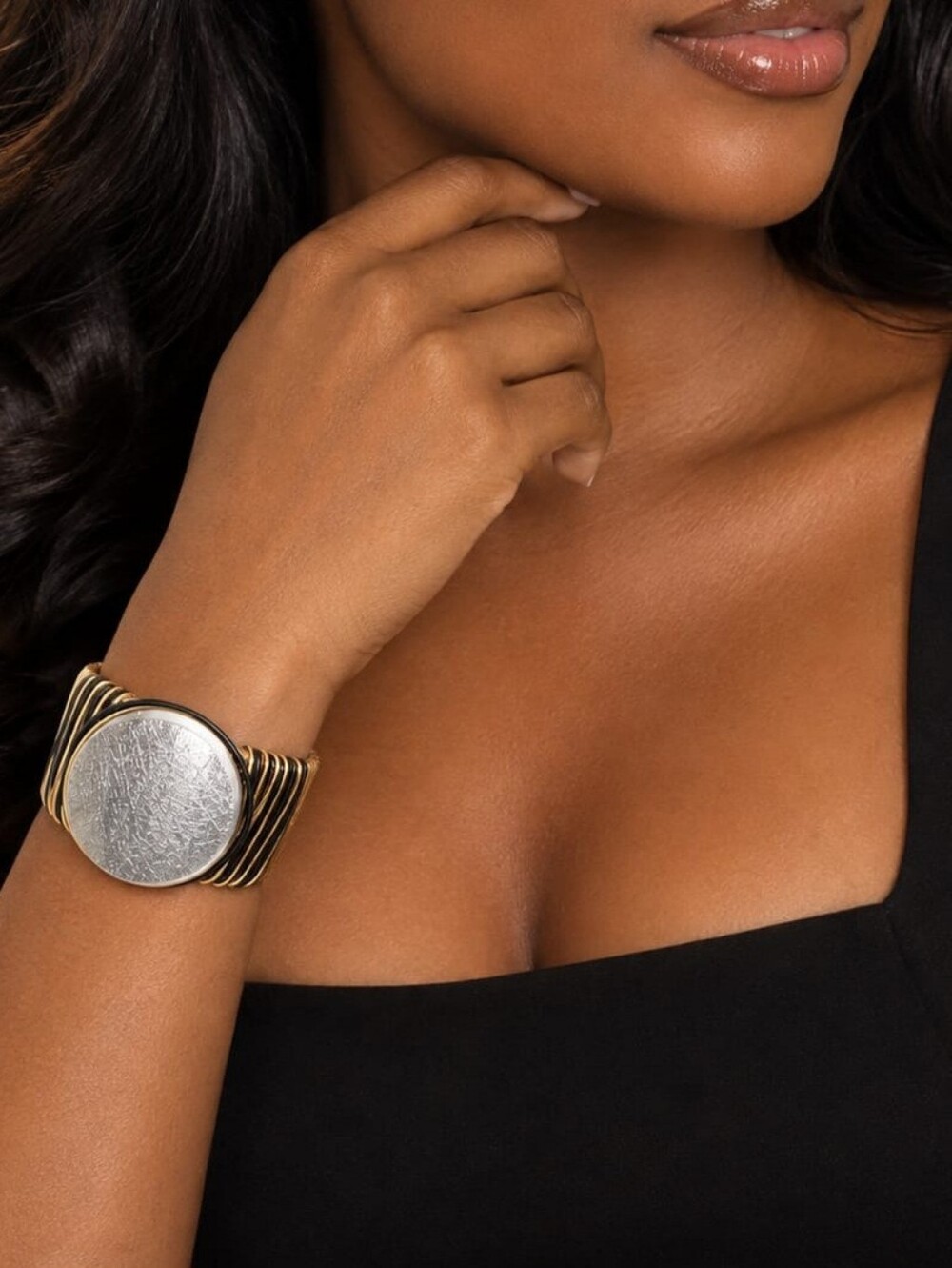 No Boundaries Gold Wire Cuff Bracelet with Silver Round Stone